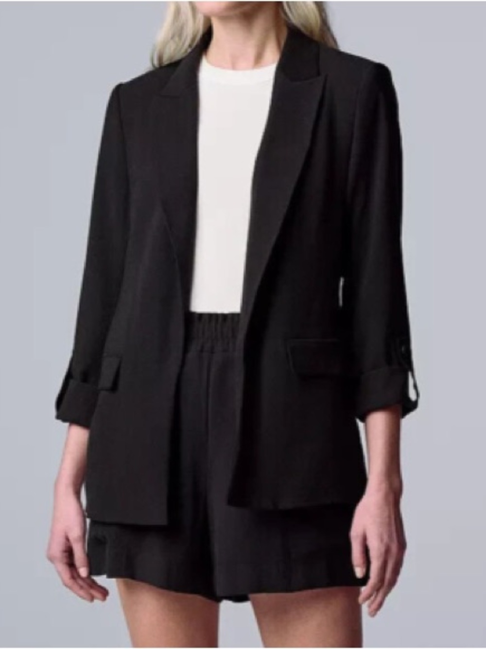 Simply Vera Vera Wang Black Roll Tab Sleeve Relaxed Blazer, Medium, Open Front